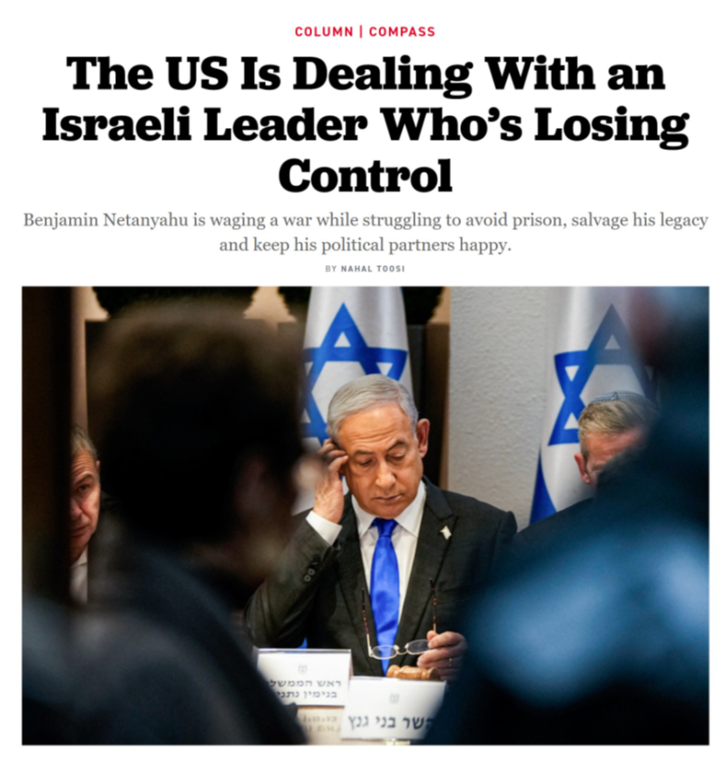 Politico'da yer alan 'ABD, Kontrolü Kaybeden İsrailli Bir Liderle Karşı Karşıya' başlıklı haber.