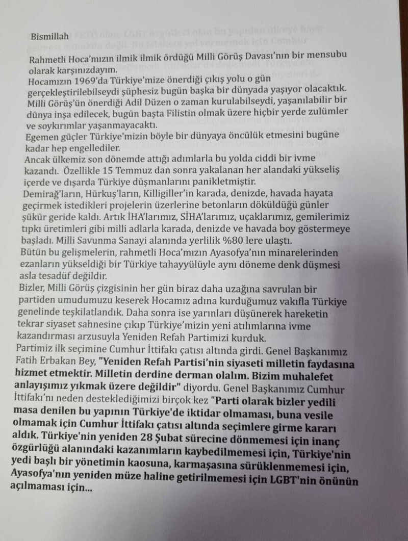 Yeniden Refah Partisi Genel Başkan Danışmanı Mollaismailoğlu'ndan Genel Merkez'e Cumhur İttifakı çağrısı