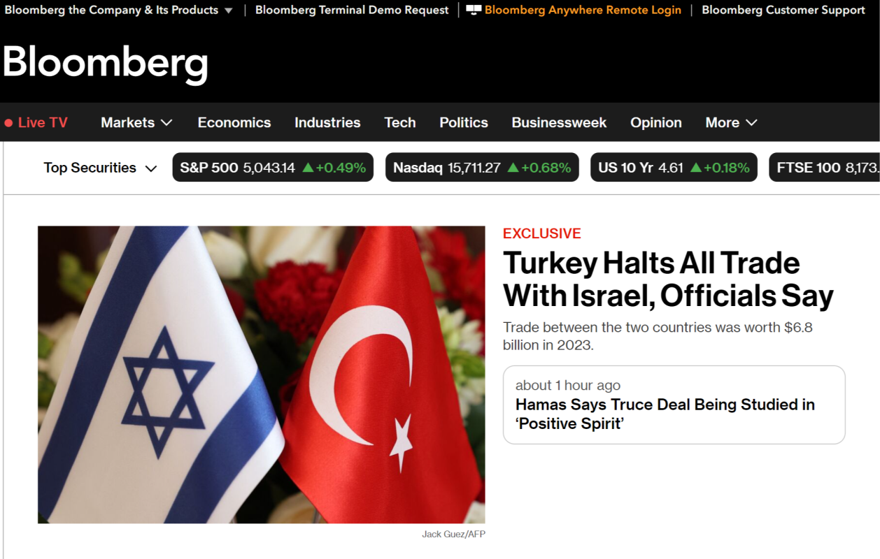 Bloomberg'de yer alan 'Yetkililer, Türkiye'ni̇n İsrail ile tüm ti̇careti durdurduğunu açıkladı' başlıklı haber