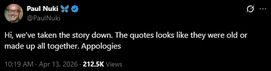 Telegraph kıdemli editörü Paul Nuki'nin X'teki paylaşımı Telegraph kıdemli editörü Paul Nuki'nin X'teki paylaşımı