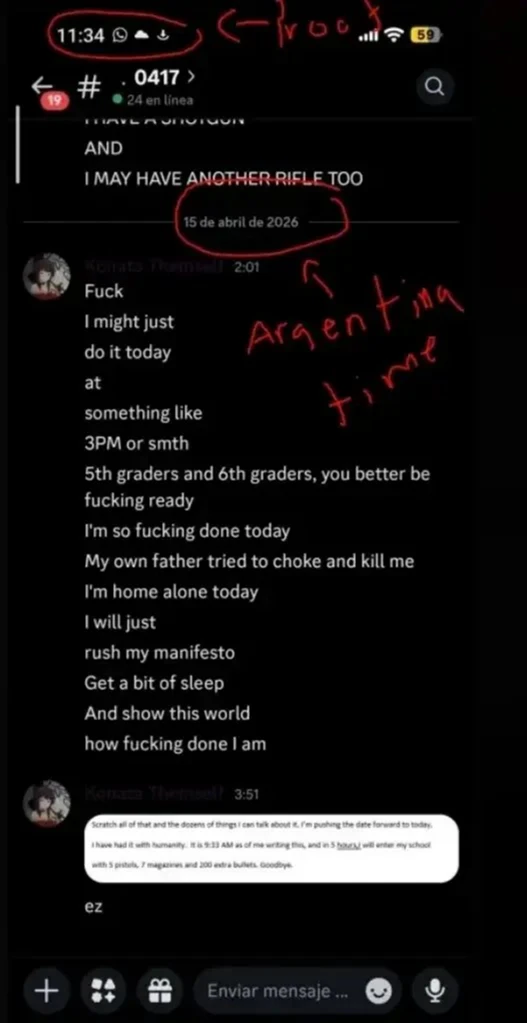 Katilin son mesajlarını içeren; Arjantin saati ile Türkiye saatini gösteren paylaşım.