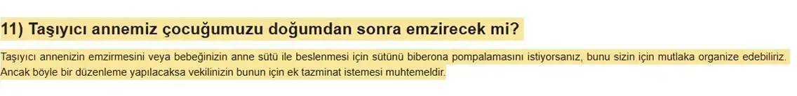 Elite Research and Surgical Hospital resmi sitesinde taşıyıcı annelik için Sıkça Sorulanlar kısmında yer alan bölüm.