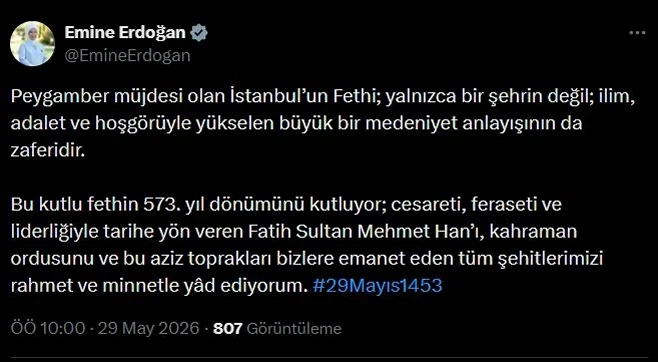 Emine Erdoğan İstanbul'un fethinin 573'üncü yıl dönümünü kutladı