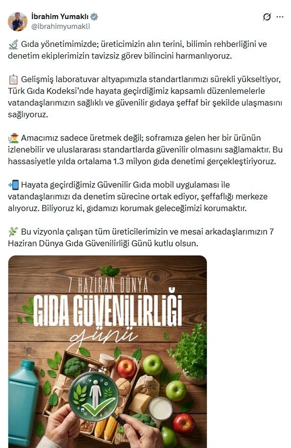Bakan Yumaklı: Yılda ortalama 1,3 milyon gıda denetimi gerçe