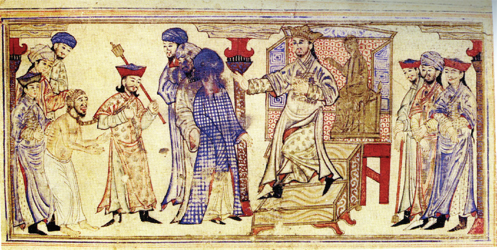 Sultanın karşısında soylu bir mahkûm Reşidüddin'in Câmiü't-Tevârih adlı eserinde yer alan bu çizimde Selçuklu hükümdarının karşısına çıkarılmış boynu zincirli bir mahkûm dikkat çekiyor