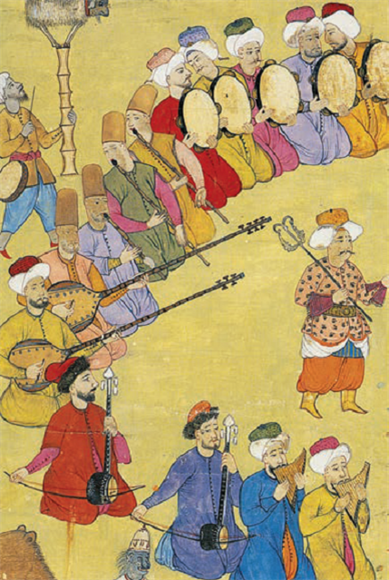 Nakkare zurnaya eşlik ederse... Osmanlı'daki müzik geleneğinin parçaları olan nakkare, mıskal, kemençe, tambur, ney, zurna ve def çalan müzisyenlerden oluşan saz grubunun bir arada gösterildiği minyatür, 18. asrın sonlarında Levnî tarafından resmedilmiş.(Ottoman Civilization, Cilt 2, TC Kültür Bakanlığı yay., s. 1031.)