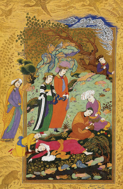 Renklerin muhteşem ahengi İranlı hattat ve nakkaş Rıza-i Abbasi’nin en başarılı çalışması olarak bilinen 1612 yılına ait bu minyatür, hanedan ailesinden bir gencin açık havada düzenlediği bir daveti muhteşem renkler ve detaylar eşliğinde tasvir ediyor.(Persian Painting and Drawing From the Hermitage)