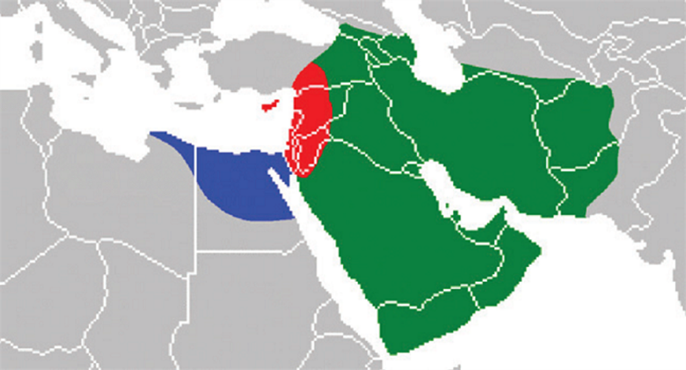 Yeşille gösterilen bölge:Hakem olayı meydana geldiğinde Hz. Ali'nin kontrolü altında bulunan, 4 halife döneminde fethedilmiş topraklar. Mavi ile gösterilen bölge:Hakem olayında hakemlik yapması için Muâviye tarafından önerilen isimlerden olan Amr b. el-Âs'ın kontrolü altında olan ve Mısır ile Libya'yı kapsayan topraklar. Kırmızı ile gösterilen bölge:Muâviye'nin kontrolü altına aldığı Suriye, Filistin, Kıbrıs, Ürdün, Lübnan ve Güneydoğu Anadolu'nun bir kısmını kapsayan topraklar.
