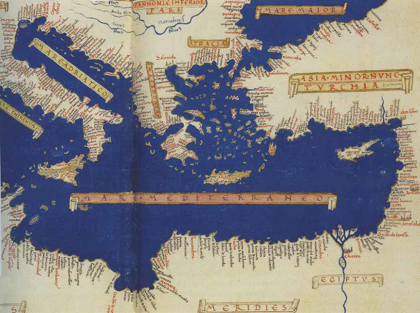 1450'lerin Akdeniz'i 15. yüzyılın ortalarında çizilen bu Akdeniz haritasında Anadolu, Mora, İtalya ve Kuzey Afrika görülüyor.