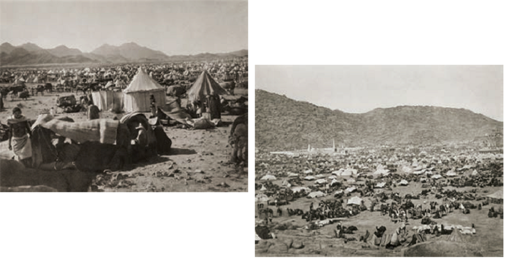 Hutbenin silinmeyen izleri Hz. Muhammed'in hutbesinin büyük bir kısmını irad ettiği Arafat Dağı'nın batısındaki hacı çadırları (üstte-solda) ve yine hutbe verdiği Mina vadisinin sol kısmı (üstte-sağda).