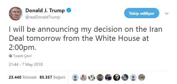 Trump açıklamayı TSİ 21.00'de yapacağını Twitter'dan duyurdu. 