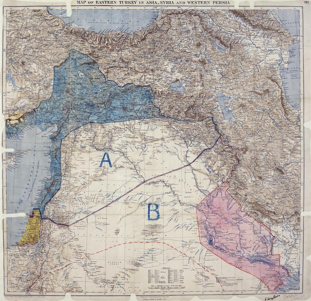 Sykes-Picot Anlaşması'nın harita üzerindeki hali. A ile işaretlenen bölüm Fransızlara, B ile gösterilen bölüm İngilizlere pay edilmişti.