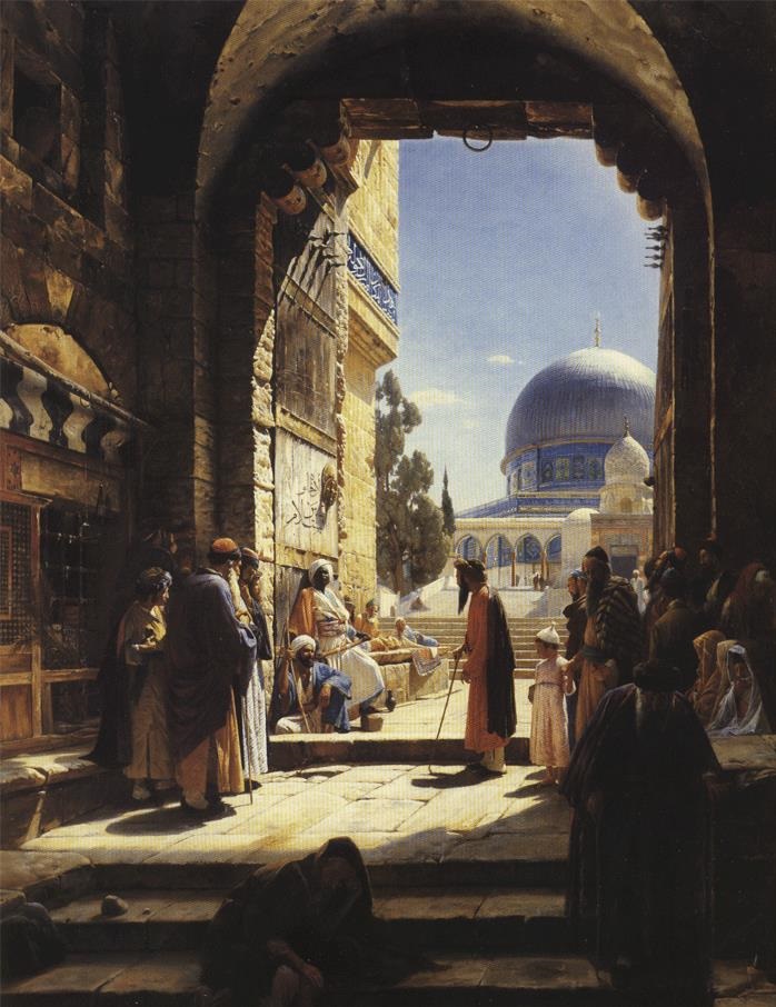 Gustav Bauernfeind'in Kudüs ziyareti sırasında resmettiği "Mescid-i Aksâ'nın girişinde" tablosu. 