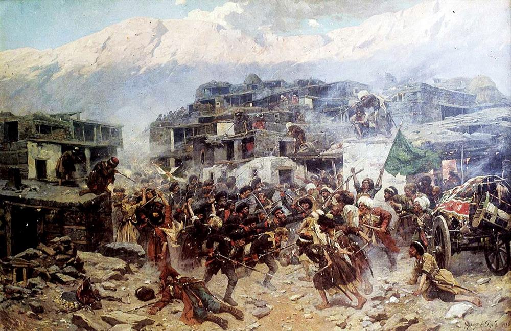 Müridizm hareketinin başlattığı direnişler sırasında Dağıstan dağlarında gerçekleşen bir çatışmayı tasvir eden bir tablo.