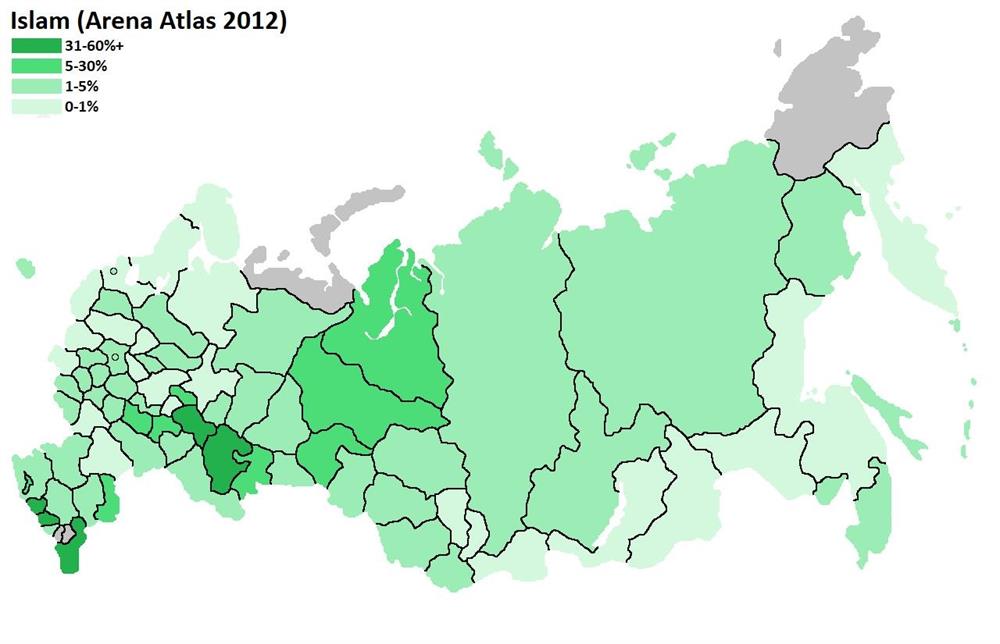 Rusya'daki Müslümanların yüzdelik konumunu gösteren demografik harita.