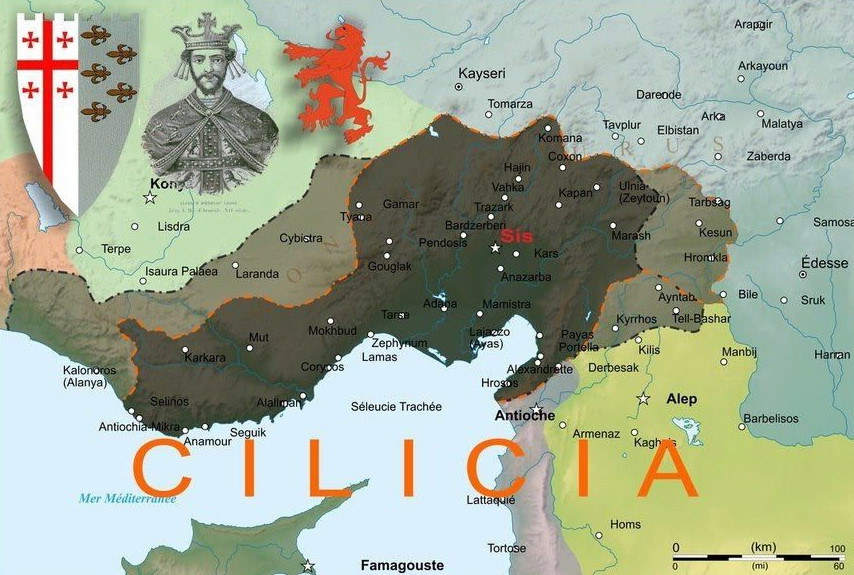 Kilikya Ermeni Krallığı'nın sınırlarını gösteren bir harita.