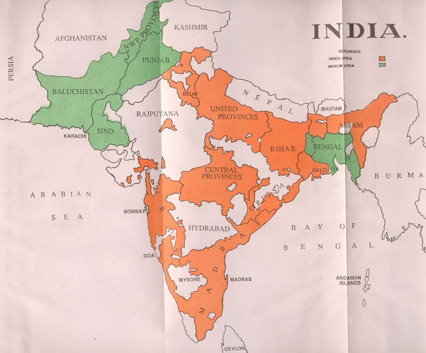 1947'den önce Hindistan'daki Müslüman ve Hindu çoğunluğun yer aldığı bölgeleri gösteren bir harita.