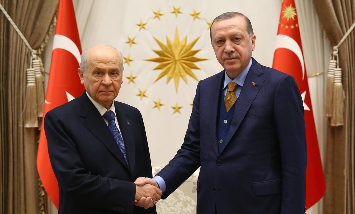 Cumhurbaşkanı Erdoğan ve MHP Lideri Devlet Bahçeli'nin Beştepe'deki görüşmelerinden bir kare. 