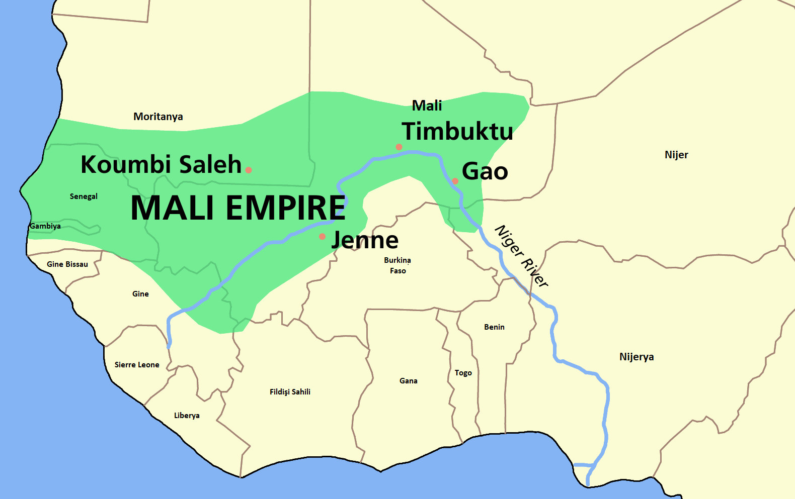 1337 yılında Mali İmparatorluğu sınırları. İmparatorluk en geniş sınırlarına Mensa Musa döneminde ulaşmıştır.