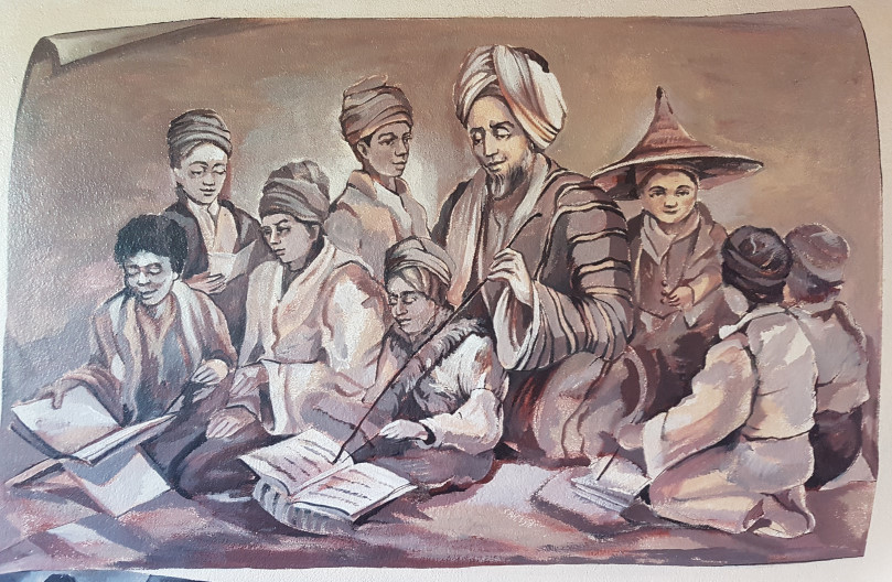 Tuan Guru'yu (İmam Abdullah) medresede öğrencilerine ders verirken gösteren bir çizim. Bo-Kaap, Cape Town.