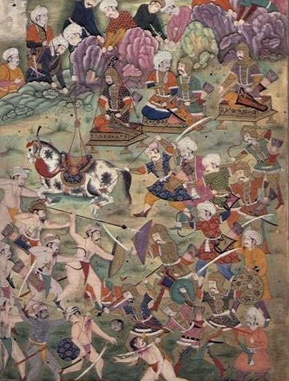 Ankara Savaşı'nın tasviri. Savaşta, Yıldırım Bayezid, Timur'un bütün seferleri sırasında yanında bulundurduğu sadık adamlarından Mahmud Han tarafından esir alınmıştı.