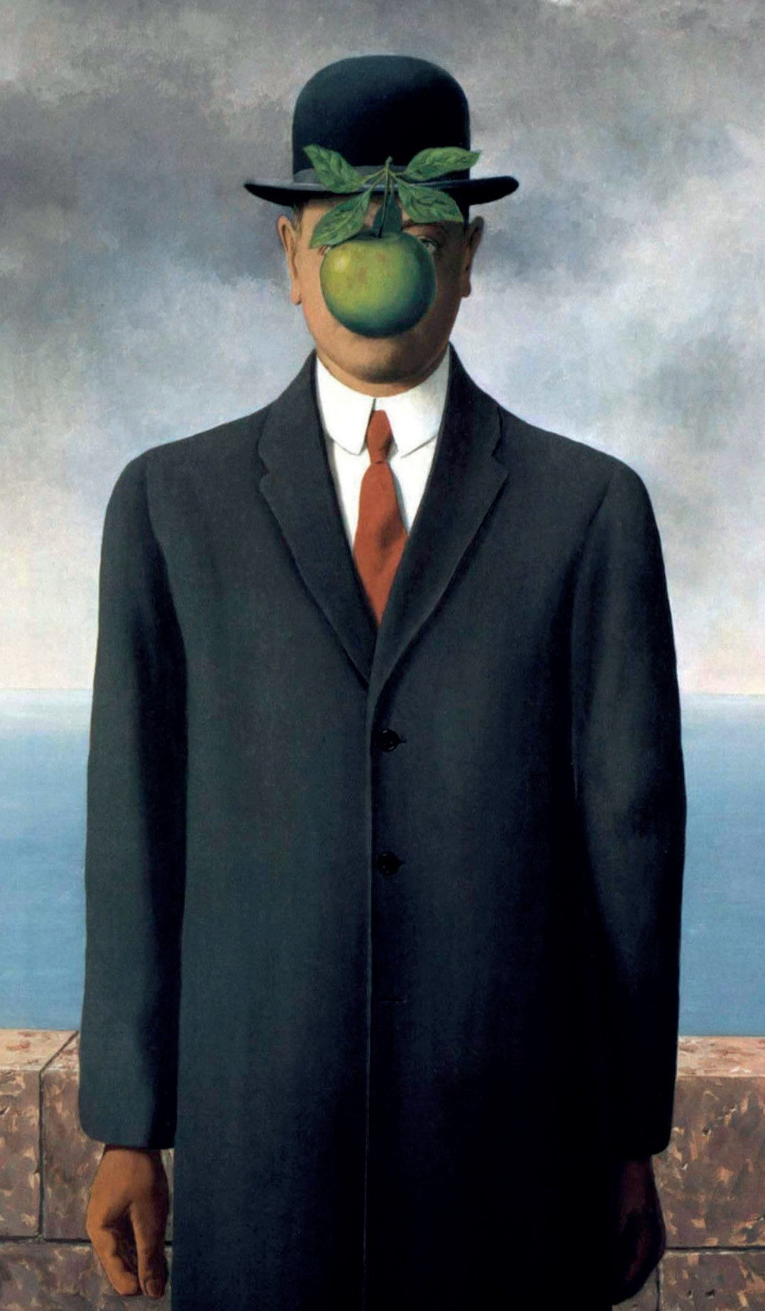 The Son of Man, (Adamın Oğlu), 1964: Melon şapka Magritte’in sembollerinden biridir. Tablolarında sıklıkla gördüğümüz takım elbiseli, melon şapkalı figürleri kimi zaman tek başına, kimi zaman yüzlercesinin yağmur gibi şehre yağdığını görebiliriz.