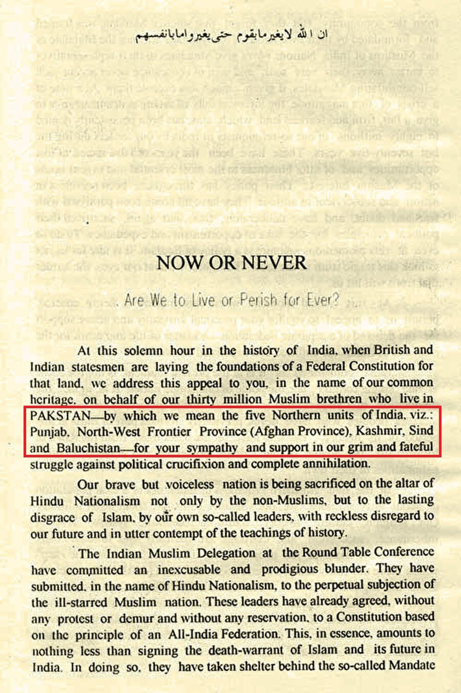28 Ocak 1933'te Rahmet Ali tarafından yazılan Pakistan Deklarasyonu, 'Şimdi ya da Asla; Sonsuza dek Yaşayacak mıyız Yoksa Yok mu Olacağız?' başlığı altında Pakistan kelimesinin ilk kez kullanıldığı metindir (Pencap + Afgan + Keşmir + İslam + Sind + BelucisTAN = PAKİSTAN)