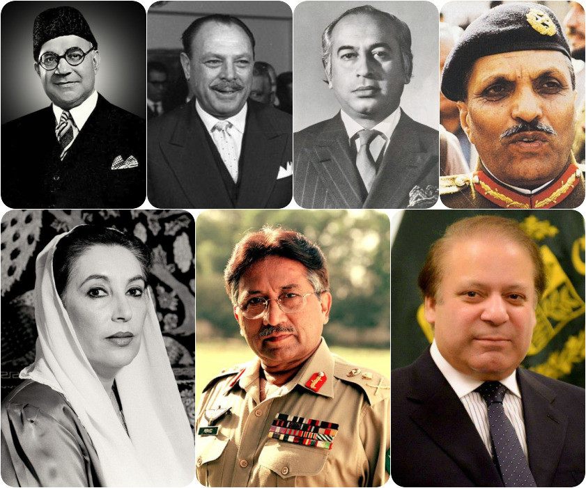 Pakistan'ın darbe ve suikastler tarihinden portreler: (Sol üstten sol alta) Liyâkat Ali Han, General Muhammed Eyub Han, Zülfikâr Ali Butto, Ziyâul Hak, Benazir Butto, Pervez Müşerref ve Nevaz Şerif.