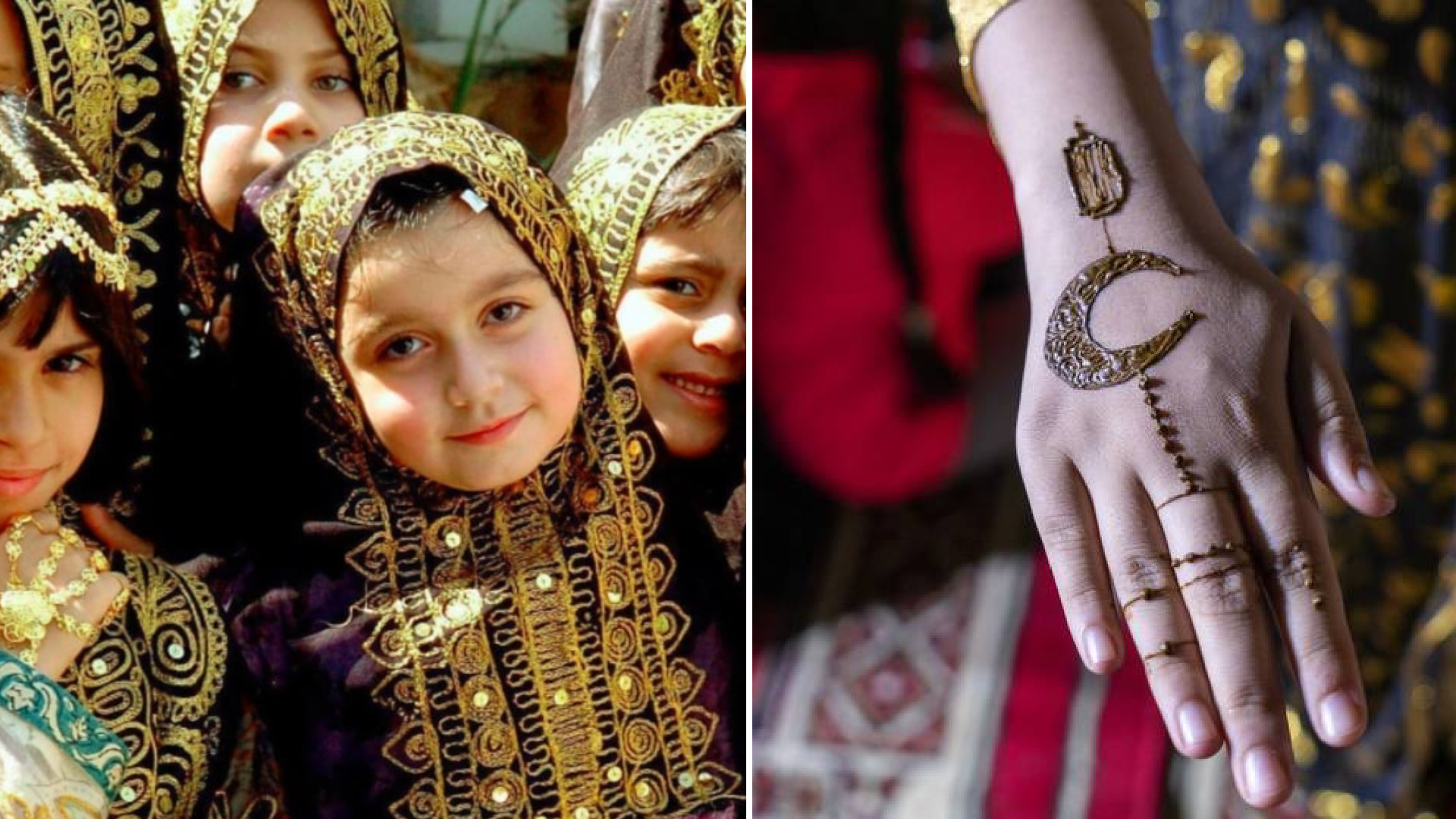 Çocuklar ve yetişkinler, Karankau için geleneksel altın takılar takıyor, ellerine kına yakıyorlar. 