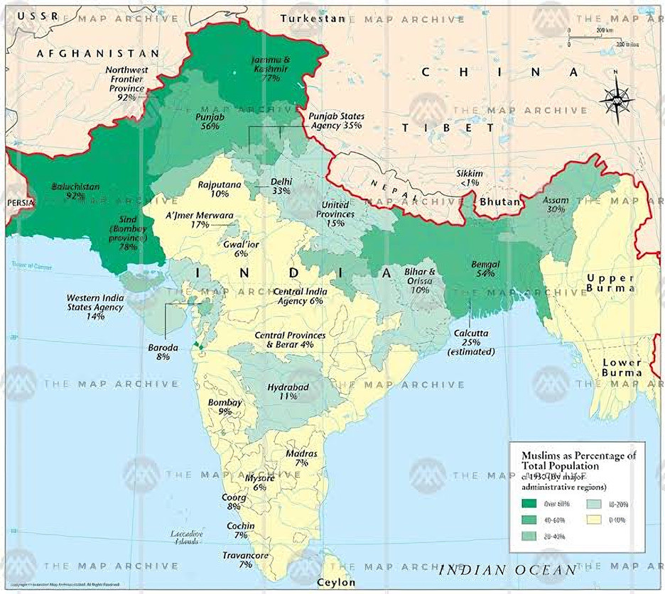 1930'da Hint Yarımadası'ndaki Müslüman nüfusunun dağılımını ve yüzdesini gösteren bir harita.