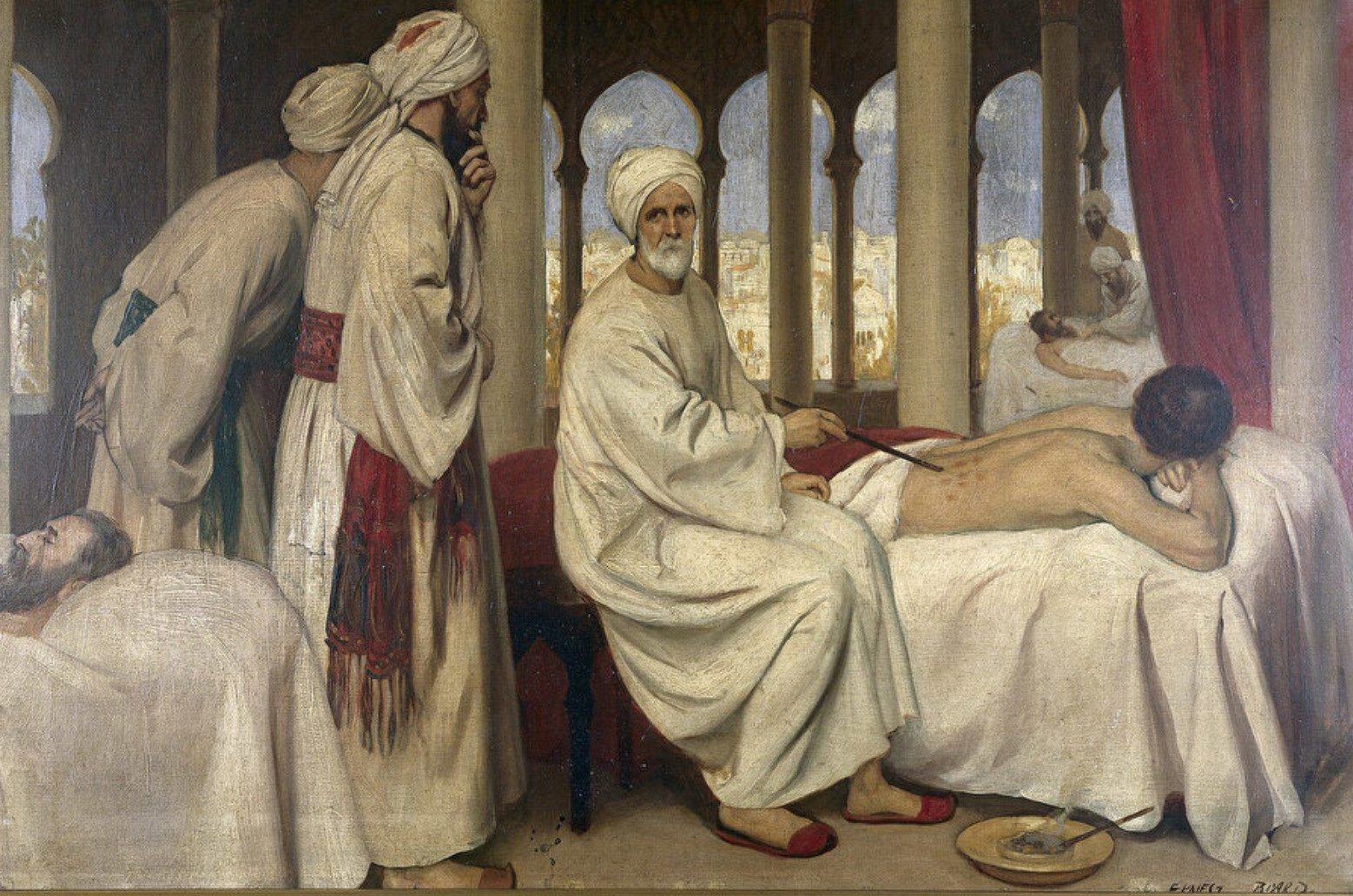 Cerrahî alanında getirdiği yeniliklerle tanınan Endülüslü tıp âlimi Ebu'l Kasım El-Zehravi'nin derslerini resmeden bir çalışma. Resim: Ernest Board.