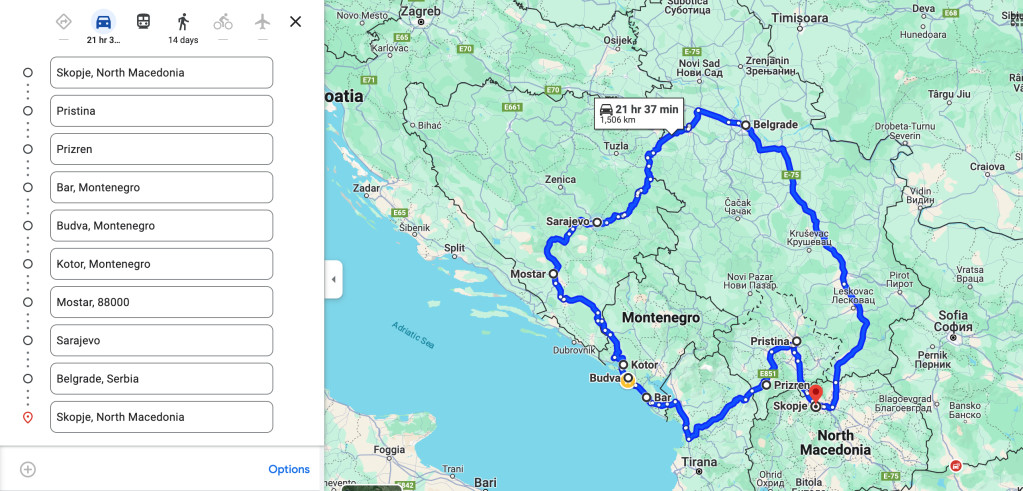 Makedonya'dan başlayıp sırasıyla Kosova, Karadağ, Bosna, Sırbistan ve tekrar Makedonya'ya ulaşan rota.